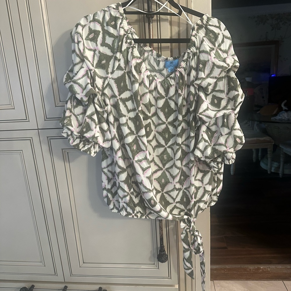 Cece Olive And White Patterned Blouse - image 1